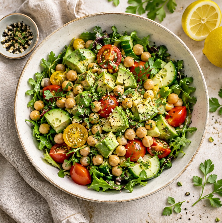 Chickpea and avocado salad with tomatoes, cucumber and lemon