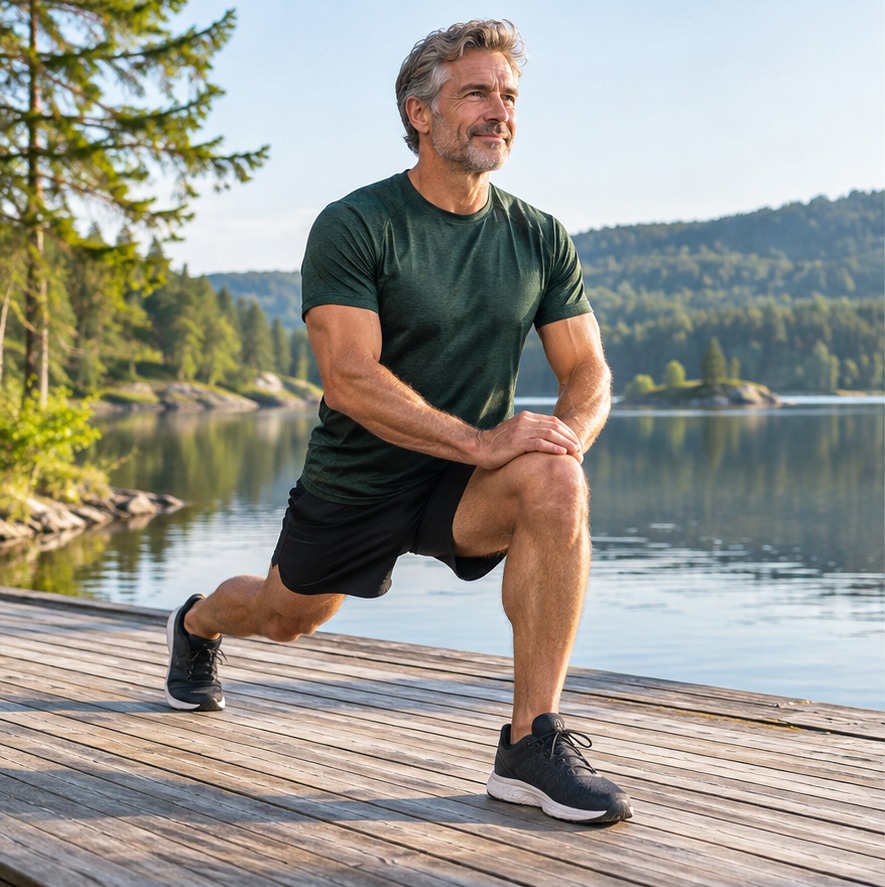 Mature male fitness model exercising beside a Scandinavian lake